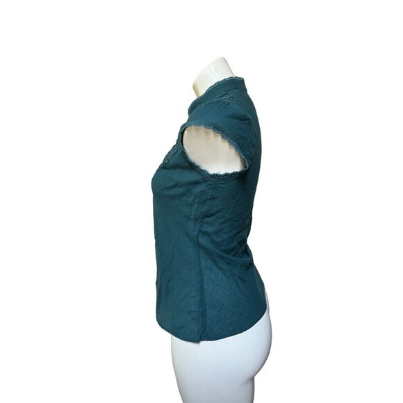 Vintage 90s Y2K Teal Cap Sleeve Slim Fit Feminine Blouse With Lace Accents - Picture 7 of 9